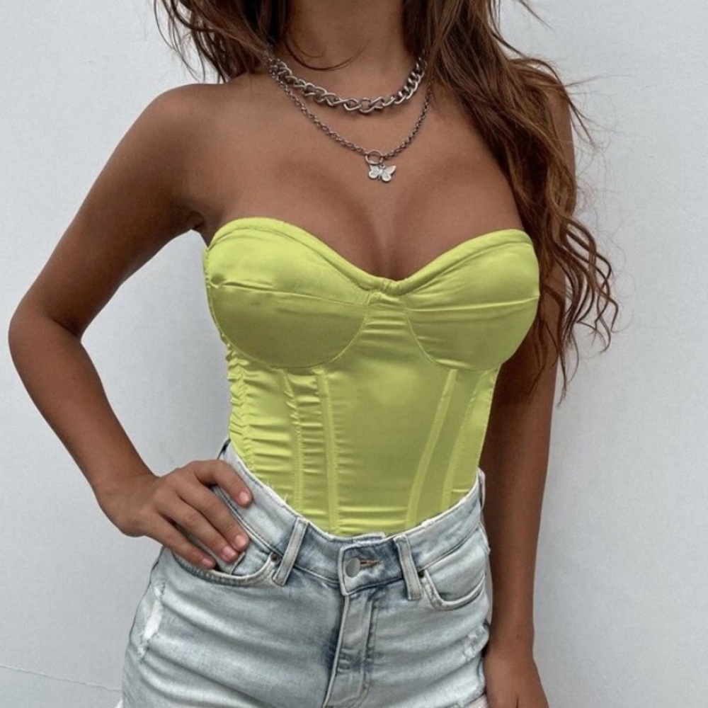 NWOT SHEIN Lime Green Ruched Strapless Bustier Top